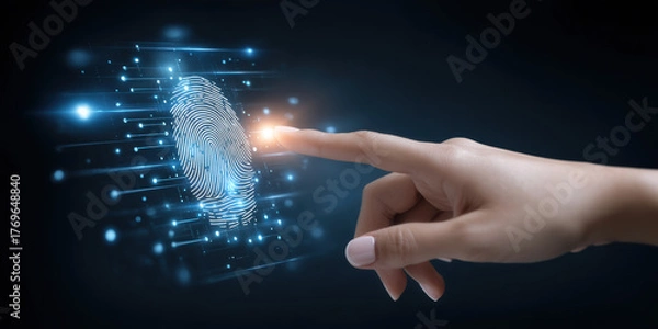 Fototapeta Human finger touches glowing biometric fingerprint scanner illustrating secure data access and cyber security in futuristic digital interface