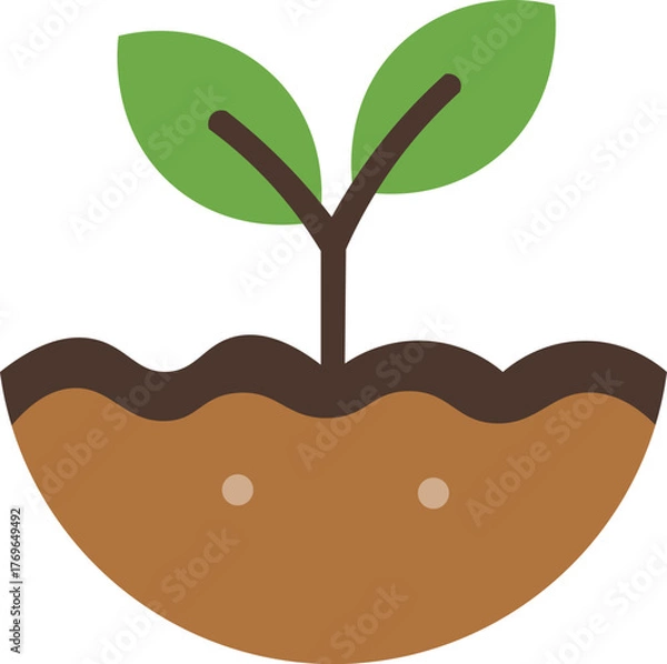 Fototapeta Illustration of a seedling sprouting from soil with two green leaves.