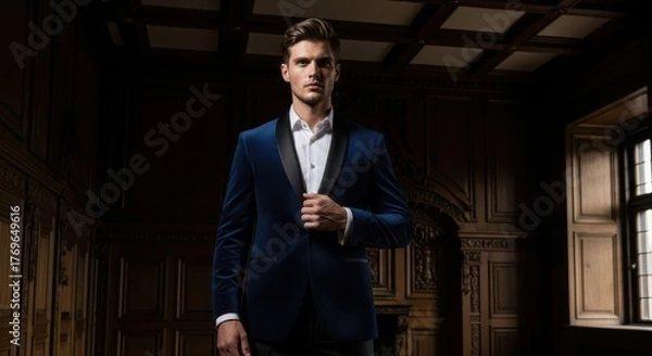 Fototapeta Confident man in a luxurious blue velvet tuxedo exudes sophistication and style in an opulent vintage interior setting, ready for a gala event or formal occasion.