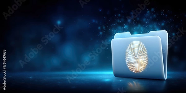 Fototapeta Secure folder with glowing fingerprint symbol data security and privacy protection concept illuminated on dark blue background with bokeh lights