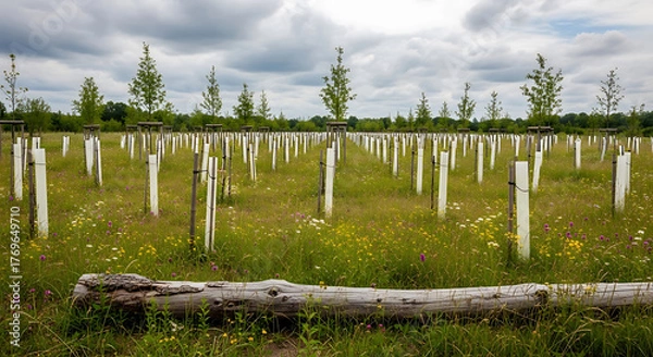 Obraz Young trees planted in a field, protected with plastic tubes, in summer