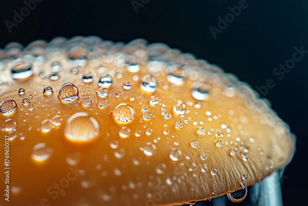 Obraz A close-up of a mushroom cap with water droplets rolling off its surface