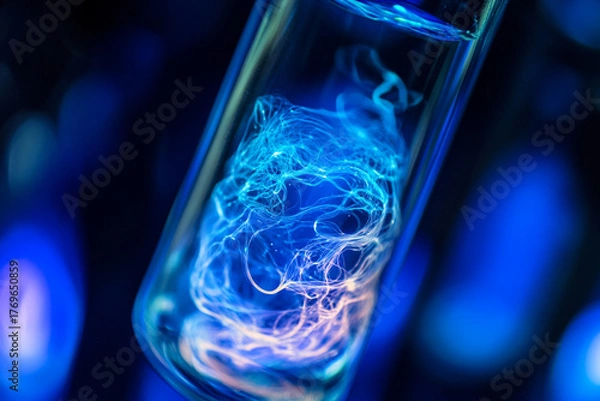 Obraz A close-up of glowing plankton swirling in a glass vial  