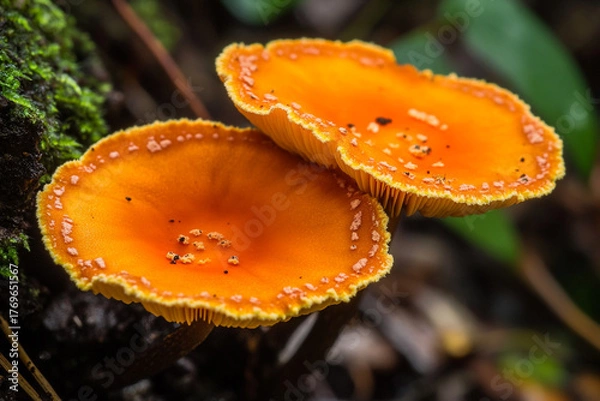 Fototapeta A close-up of vibrant orange cup fungi with soft velvet edges