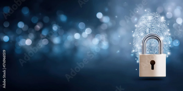 Obraz Secure padlock with biometric fingerprint overlay data security concept glowing background protecting digital access