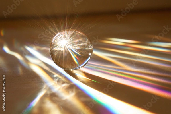 Fototapeta A dewdrop acting as a convex lens, bending sunlight into a prism