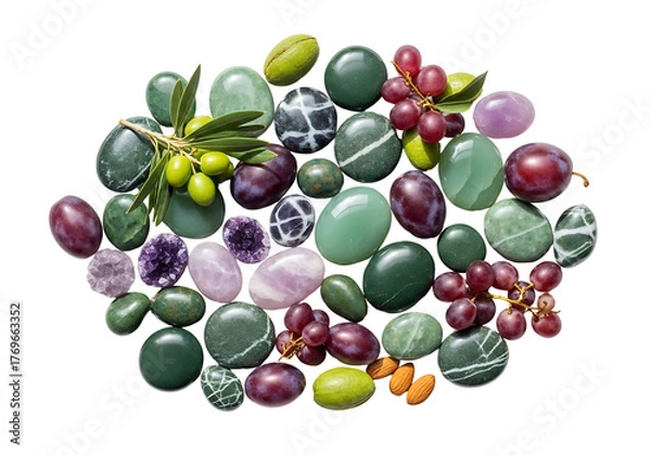 Obraz Collection of Polished Stones Olives and Berries on White Background.