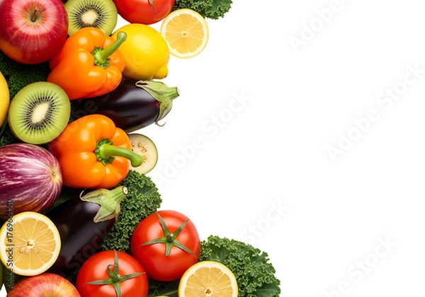 Obraz Colorful Fresh Fruits and Vegetables Arrangement on White Background.