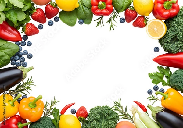 Obraz Colorful Fruit and Vegetable Frame on White Background.