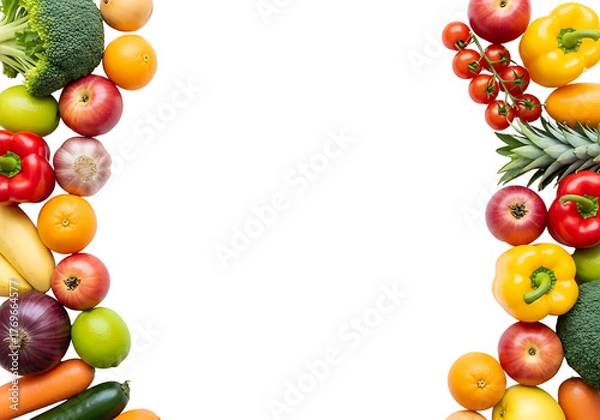 Obraz Colorful Fruits and Vegetables Frame on White Background.