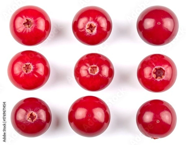 Obraz Fresh ripe red cranberries arranged in a grid pattern on white background