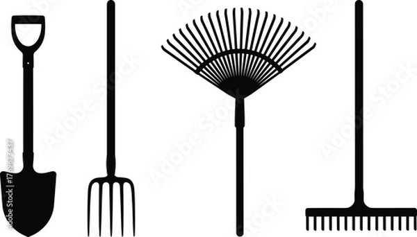 Obraz Gardening tool silhouettes set, shovel, pitchfork, fan rake, bow rake, black icons, vector illustration, white background, farming equipment