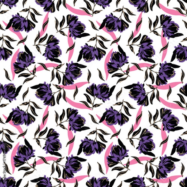 Fototapeta Seamless flower pattern with pink, blue and golden yellow color hand drawn art abstract floral and leaf background elements. Flower garden wallpaper vector
