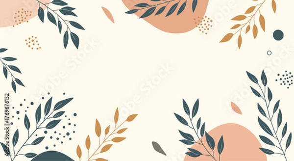 Fototapeta Elegant botanical background with floral branches, abstract shapes, and a soft, neutral color palette creates a calming, minimalist design.