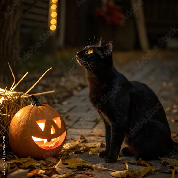 Fototapeta a black cat sitting next to a jack o lantern under