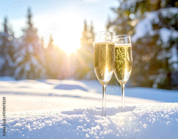 Fototapeta Sektgläser im Hintergrund Winterlandschaft mit Silvester
