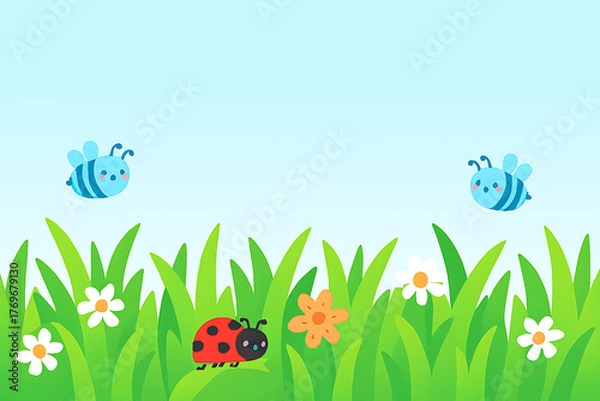 Obraz Cartoon ladybug bees and flowers in green grass image