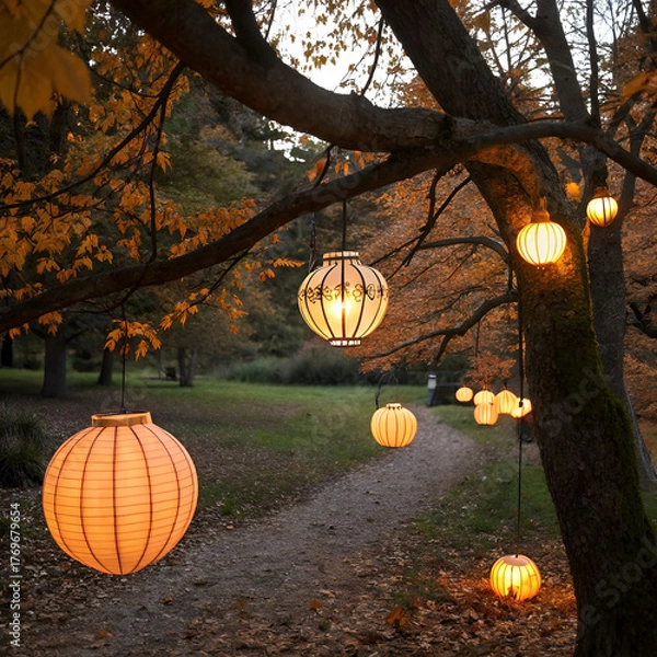 Fototapeta glowing lanterns shaped like pumpkins hanging from tree