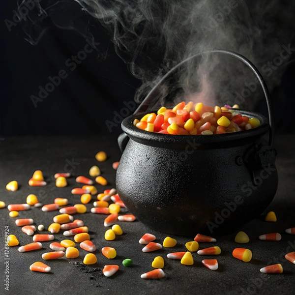 Fototapeta Halloween candy spilling from a witch cauldron