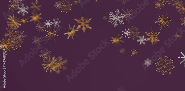 Fototapeta Elegant digital artwork featuring a collection of abstract snowflakes in gold and silver, floating against a rich, deep purple backdrop. Perfect