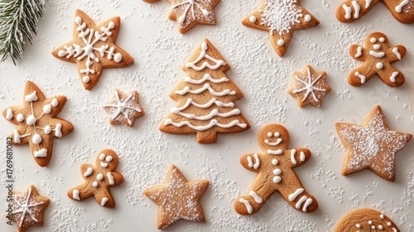 Fototapeta Festively decorated gingerbread cookies shaped like stars, trees, and snowflakes arranged on a light surface with powdered sugar, creating a delightful Christmas atmosphere