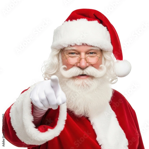 Fototapeta Friendly santa claus wearing his iconic red suit and hat pointing directly at the viewer with a warm smile isolated on transparent background