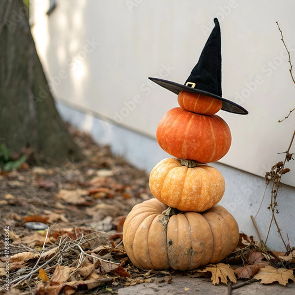 Fototapeta pumpkin stack with witch hat on top