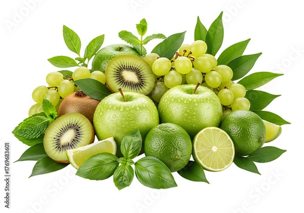 Obraz Fresh Green Fruit Still Life: Apples Grapes Kiwi and Lime.