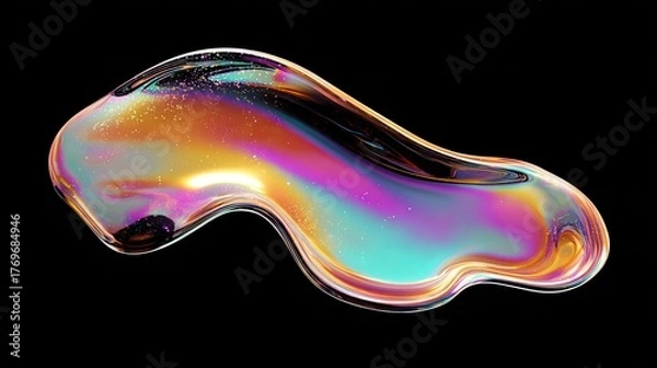 Fototapeta Bold holographic liquid blob isolated on black, iridescent wavy melted shape with vibrant reflective colors