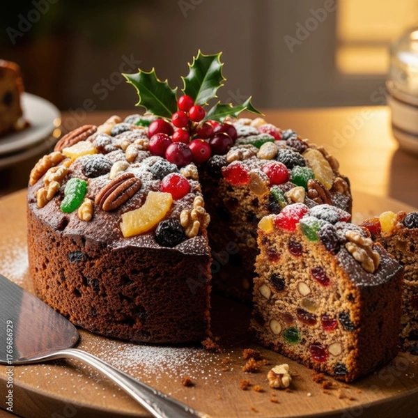 Obraz Delicious fruitcake with festive decorations on a wooden board