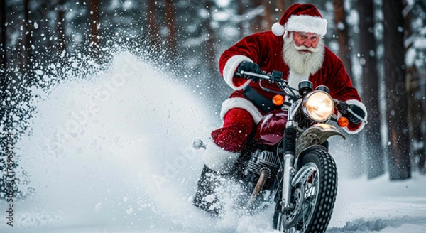 Fototapeta Modern Santa Claus riding motorcycle through snowy forest, showcasing festive spirit and adventure, blending traditional holiday themes with contemporary lifestyle