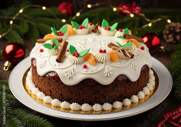 Obraz Festive Christmas cake decorated with mandarin oranges, cinnamon, and holly