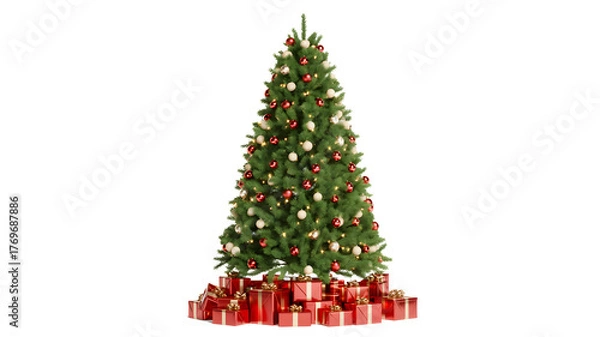 Fototapeta Decorated christmas tree with presents underneath isolated on transparent background