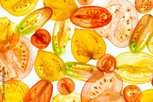 Fototapeta trendy pattern of fresh mix tomato slices background