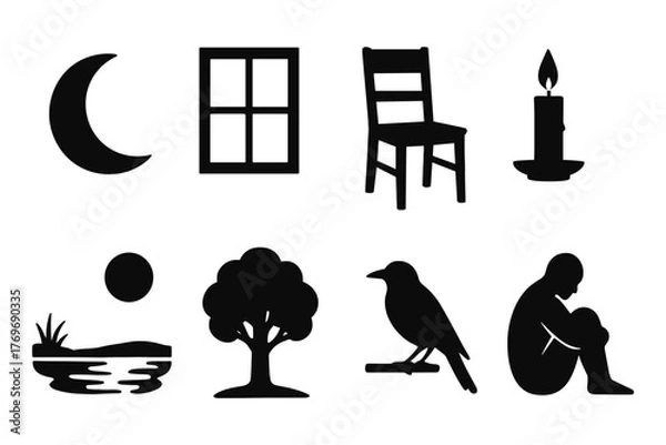Fototapeta Silhouette icons of moon, nature, and objects