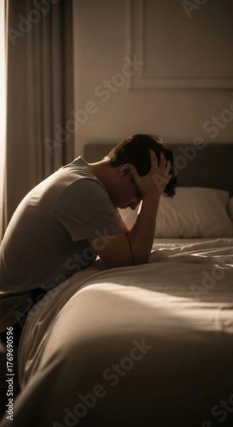 Obraz Man sitting on bed with head in hands, struggling with sadness. Concept of mental health, depression, loneliness, stress or anxiety.