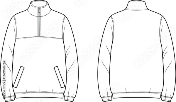 Obraz Half zip pullover sweatshirt technical flat sketch with stand collar welt pockets and elastic hem front and back vector illustration