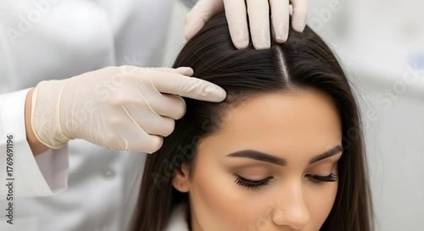 Obraz Hair Health Check Dermatologist Examining Woman's Scalp for Hair Loss Concerns