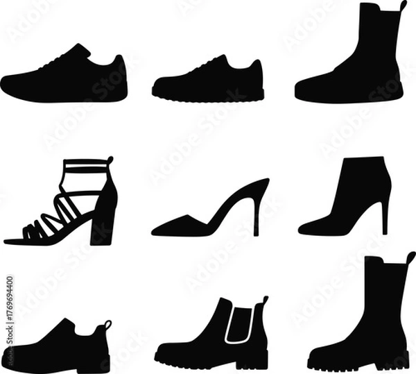 Obraz Footwear silhouette collection, shoe and boot icons, fashion design set, black vector styles, casual, formal, rugged, elegant shoes