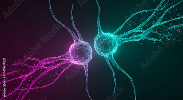 Fototapeta Two glowing abstract neurons connected by digital network lines