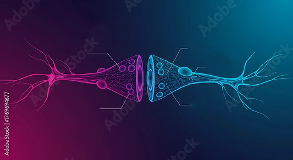 Fototapeta Pink and blue neuron cross section with branching dendrites