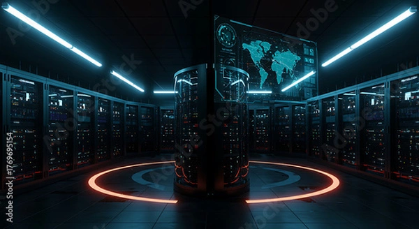 Fototapeta Futuristic server room with world map display and glowing floor