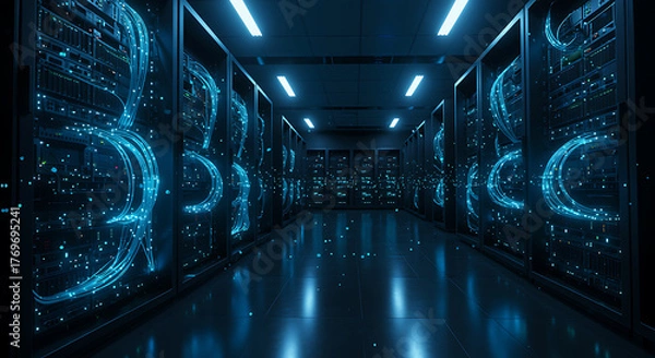 Fototapeta Server room with glowing blue fiber optic cables data center