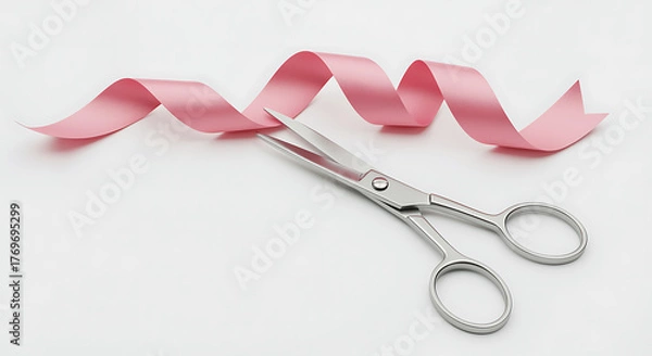 Obraz Pink ribbon being cut by silver scissors on white background