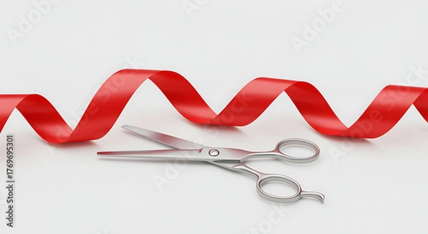 Fototapeta Silver Scissors Cutting Red Ribbon on White Background