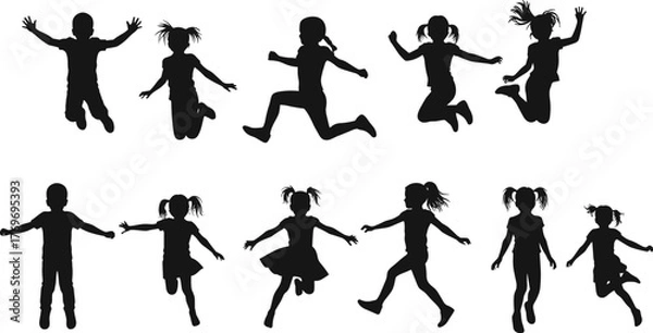 Obraz Children silhouettes jumping and running, active kids play, joy, freedom, happiness, exercise, movement, energy, childhood fun, outdoor activity