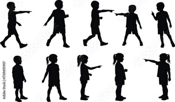 Obraz Children pointing silhouettes, kids hand gestures, communication, direction, teamwork, body language, standing and walking poses, education concept, learning activity, group interaction