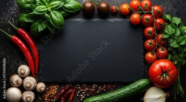 Obraz Fresh vegetables and herbs arranged on a dark slate background