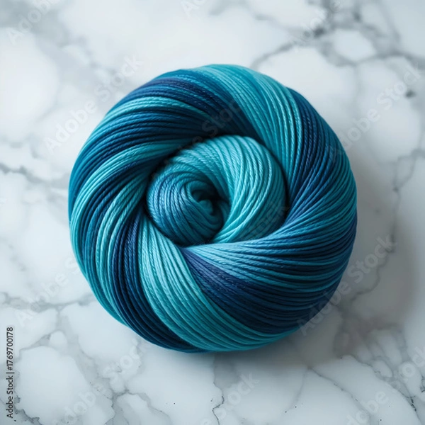 Fototapeta A beautifully wound ball of blue and aqua gradient yarn resting on a cool marble surface.