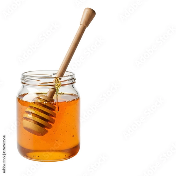 Obraz Glass jar filled with golden honey and a wooden honey dipper isolated on transparent background